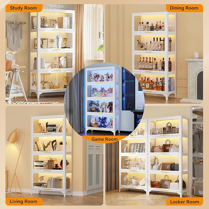 65" Tall Display Cabinet with Glass Doors,Metel Curio Cabinet with RGB LED Lights,4 Tier Glass Display Case for Scale Figures, Collectibles,Books(White)