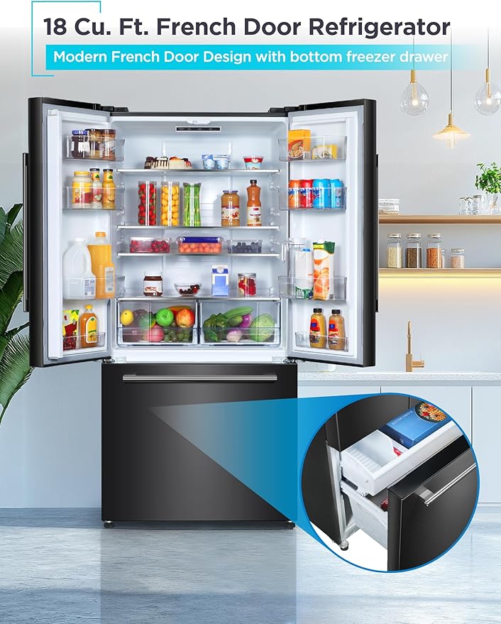 BLACK+DECKER 18 Cu. Ft. French Door Refrigerator with Built-in Ice Maker, Full Size Refrigerator with Bottom Mount Freezer Drawer, Frost Free, ENERGY STAR certified, BRF1800GIMB, Black