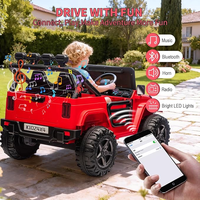 2 Seater Ride on Car Toy for Kids, 24V 4x4 Ride-on Truck, w/Parent Control, Soft Start, 3 Speed, 4-Wheeler Suspension, Bluetooth, LED Lights, Electric Car for Kids Toddler Ages 3-8, Red