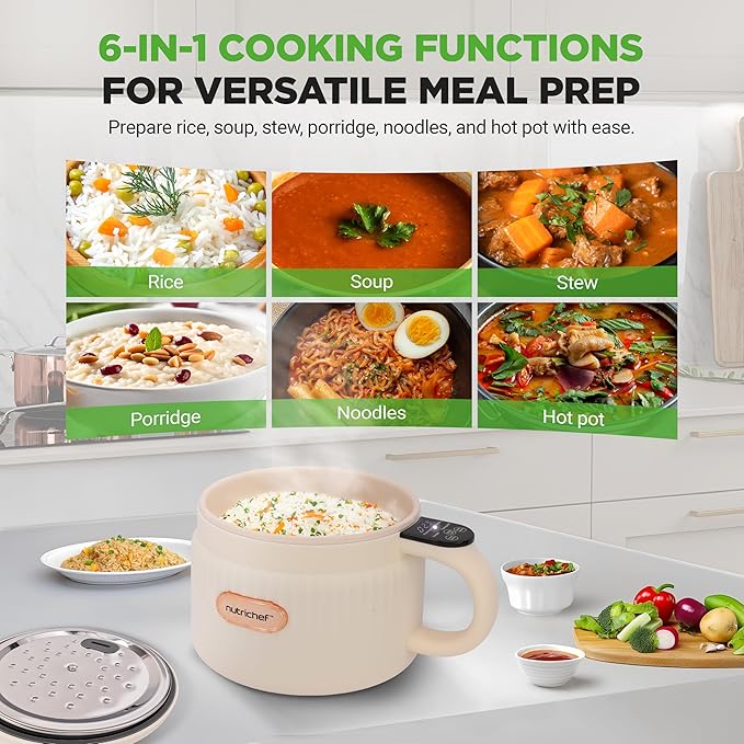 NutriChef 1.6 QT Portable Electric Rice Cooker & Lunch Maker | Multi-Functional & Non-Stick Ceramic Coating | Digital Control Panel | 6 Cook Functions: Rice, Soup, Stew, Porridge & More | White
