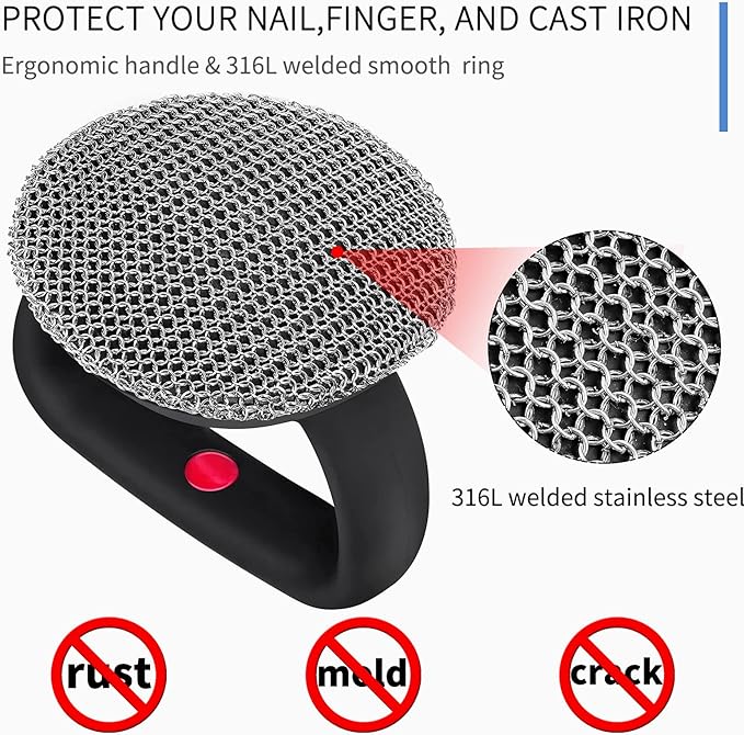 Cast Iron Cleaner Scrubber+Tray with Handle, Welded Chainmail Scrubber for Pan Pot Grill Oven Wok Cleaning- Small Ring Chain Scrub Metal Scraper Brush Iron Skillet Steel Wool Scrubber Steel Sponge