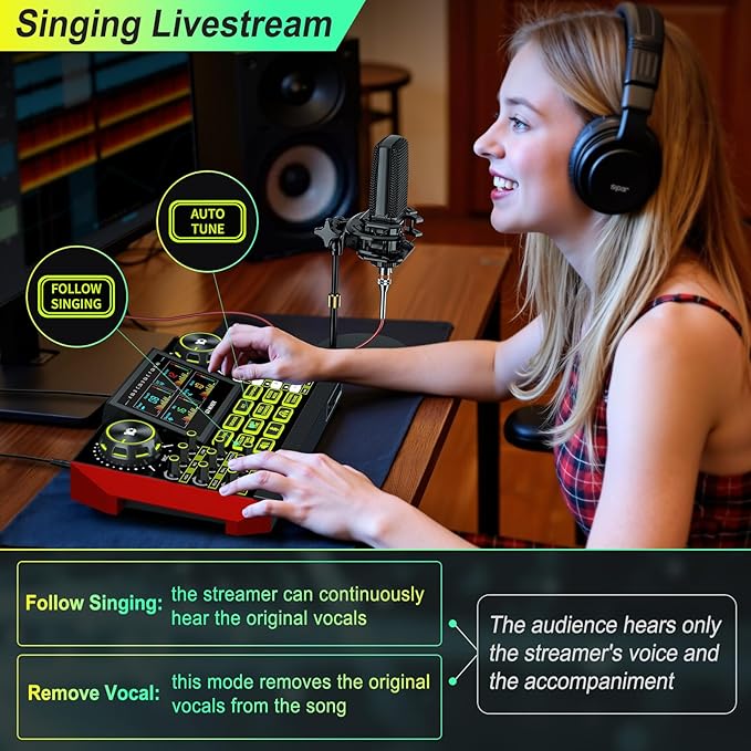Podcast Microphone Bundle with Live Sound Card Audio Mixer, Podcast Equipment Bundle with 3.5mm Condenser Microphone for Pc/Phone Live Streaming Singing Gaming, Sound Board with Voice Changer, Denoise