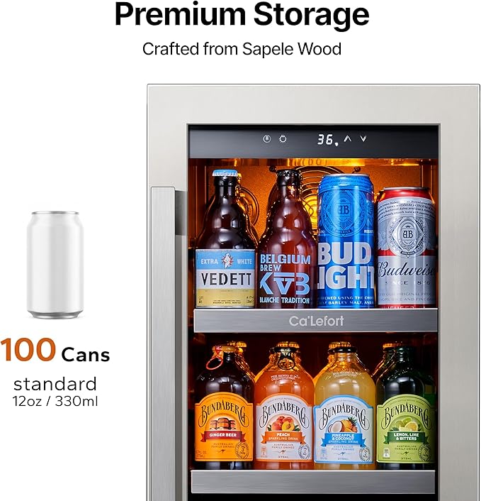 Ca'Lefort 15 Inch Beverage Refrigerator - 100 Can Small Beverage Fridge, Drink Fridge Glass Door 3 LED 34°F -54°F Beverage Cooler Built-in or Freestanding, Perfect for Home/Kitchen(3.0 cu.ft)