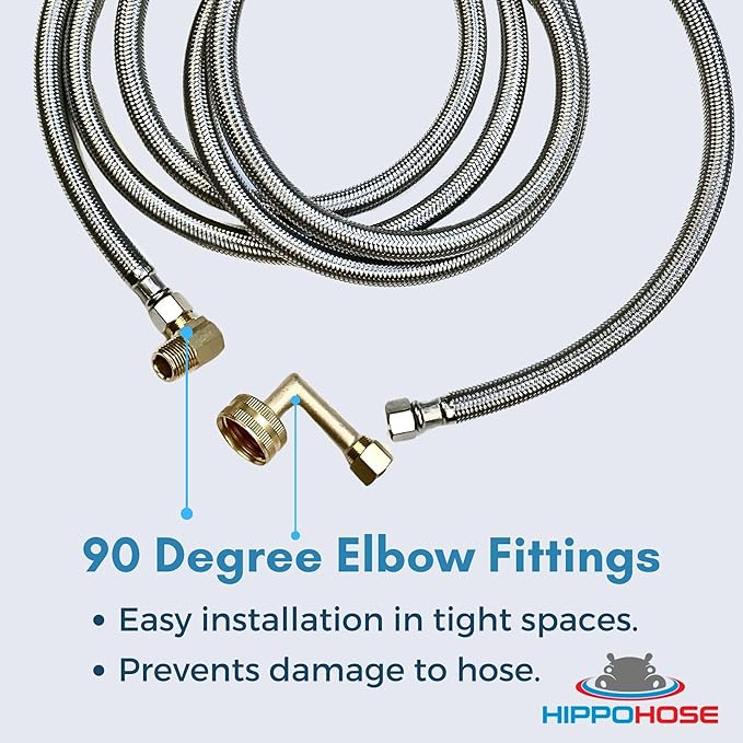 Dishwasher Water Hose Kit (10 FT) - Universal Fit to All Dishwasher Brands - Braided SS Dishwasher Water Supply Line - 3/8" Comp x 3/8" Elbow & All Fittings Included