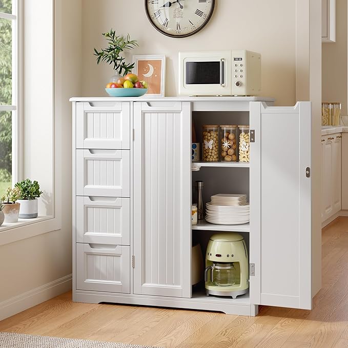 Gizoon Storage Cabinet, Bathroom Floor Cabinet, Kitchen Pantry, Side Storage Organizer with 4 Drawers & Double Doors, Adjustable Shelf, for Bathroom, Living Room, Entryway, White