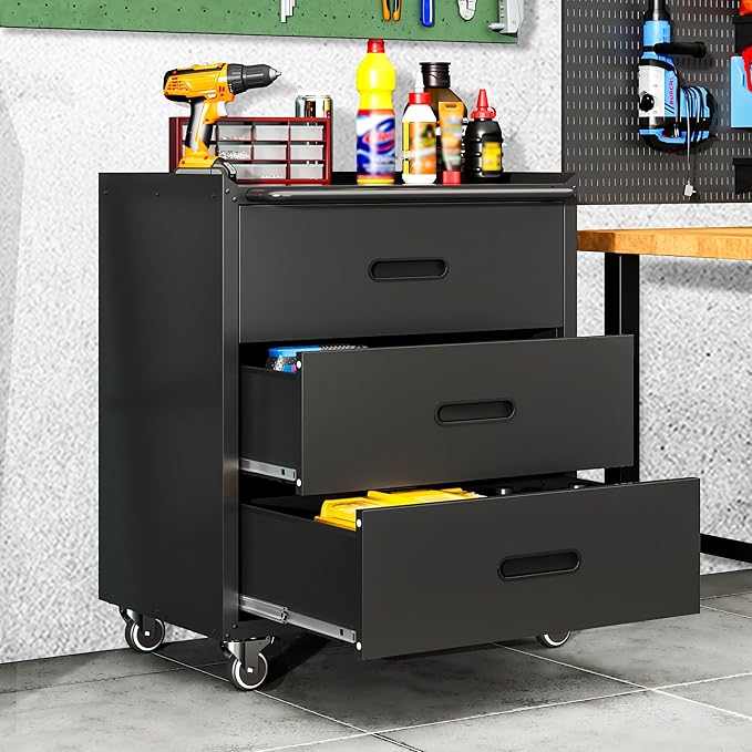 Garage Cabinets,Metal Garage Storage Cabinet with Wheels,Black Lockable Rolling Tool Cabinet with Drawer and Adjustable Shelves,Heavy Duty Tool Chest for Home Office Utility Room