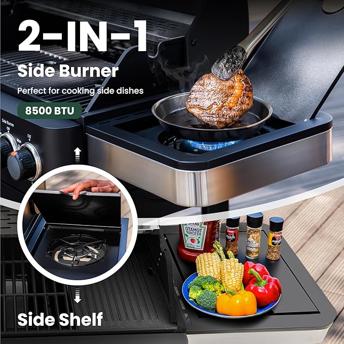2 in 1 Propane Gas BBQ Grill with Side Burner & Porcelain-Enameled Cast Iron Grate, 4-Burner Flat Top Grill, 46,700 BTU Outdoor Barbecue Propane Griddle Grill Combo for Camping, Patio, Backyard