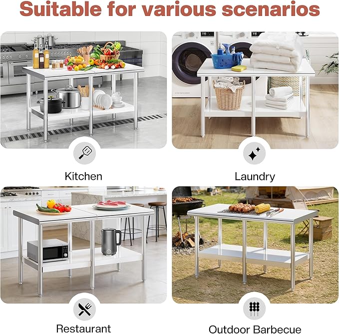 Jocisland 30" x 60" Stainless Steel Table for Prep & Work Adjustable Under Shelf and Feet, for Commercial Kitchen, Restaurant, Hotel, Garage