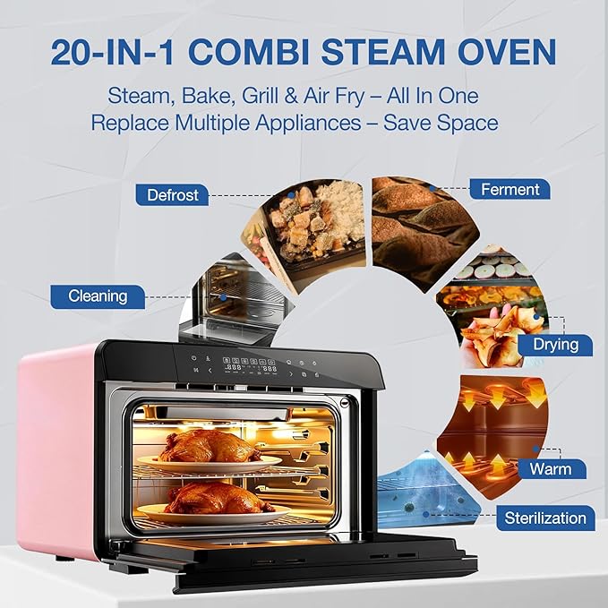 ROBAM Countertop Combi Steam Oven, 20-in-1 Multifunction Air Fryer, Convection Steam Roast & Bake, Multi-Stage Cooking, Self-Clean, Heat-Resistant, 7 Modes, 30 Built-In Recipes CT763 (Pink)