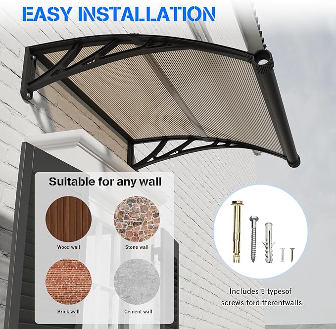 Awning for Door Entrance with Drainage Sink,32x120 Inch Awnings for Doors,Window Canopy Exterior with Plastic Steel Bracket,Polycarbonate Cover,UV,Rain,Snow Protection for House,Porch,Patio,Deck