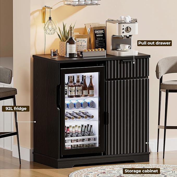 Mini Fridge Cabinet (Fridge Included), Fluted Coffee Bar Cabinet with Refrigerator, Pull Out Drawer & Storage Cabinets, 31.5" Liquor Wine Bar Cabinet for Home, Kitchen, Dining Room, Blac