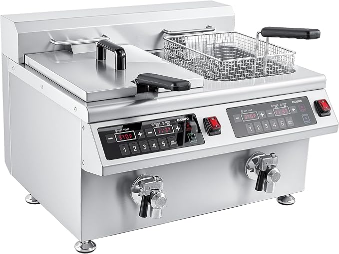 EGGKITPO Induction Fryer 24L Dual Tank Deep Fryer with Basket and Lid Countertop Electric Fryer with Timer and Oil Drain Stainless Steel Commercial Fryer for Large Restaurant and Business 120V 3600W