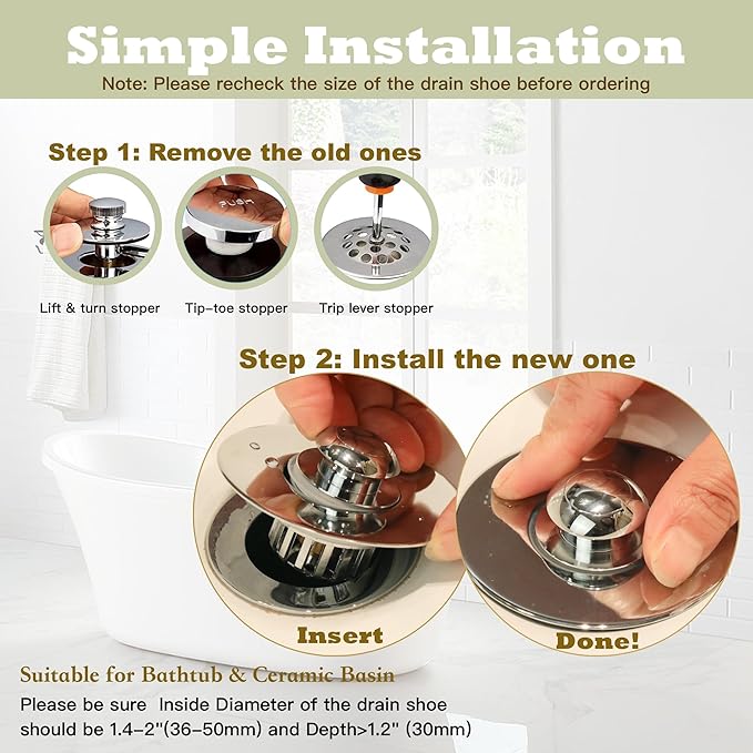 Kitchen Sink Drain Strainer 3 in 1, 304 Stainless Steel Pop Up Sink Stopper, Anti-Clogging Drain Stopper, Strainers for Kitchen, Drain Cover & Kitchen Accessories for US Standard Sink (Shiny Chrome)