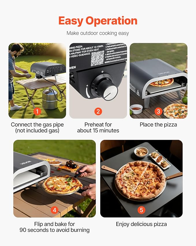 VEVOR Propane Outdoor Pizza Oven, 12 Inch Gas Pizza Maker, Portable Pizza Cooker with Thickened Pizza-Stone, Carry Bag, 3 Layers Pizza-Oven for Outside Backyard Patio Camping, Black