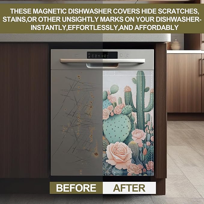 Blooming Cactuses Dishwasher Magnets Decorative Cover,Tropical Magnet Fridge Panel Decal for Home Kitchen Decor,23x26 in