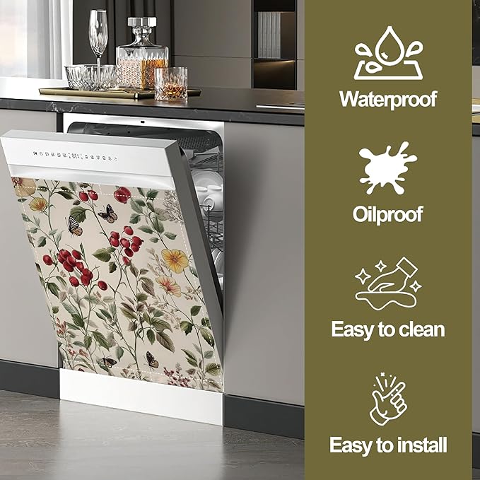 Magnetic Dishwasher Cover,Vintage Flower Reusable Dishwasher Magnetic Cover Butterfly Berry Decorative Door Covers Panel for Home Kitcen 23" x 26"