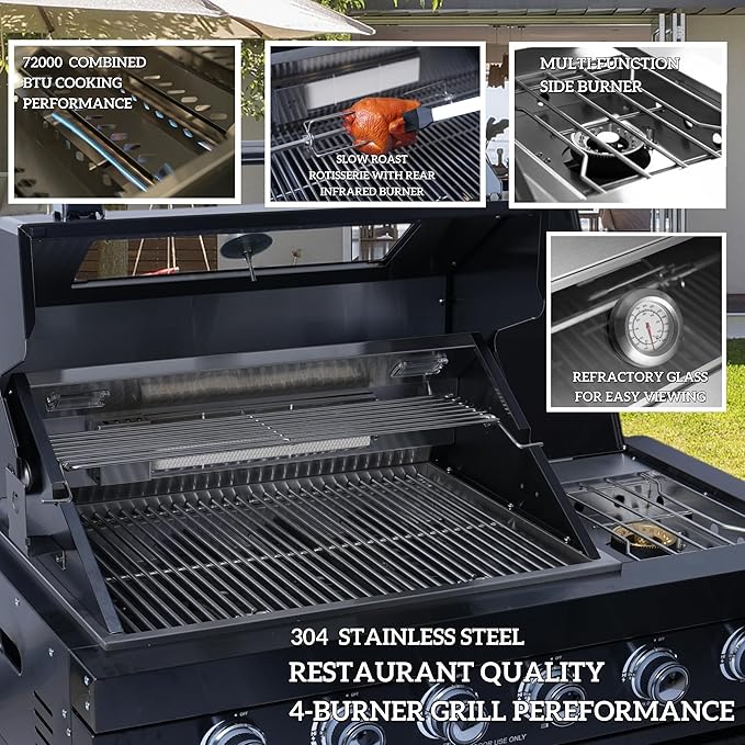 98-Inch Natural Gas Outdoor Kitchen Island - 72000 BTU 4-Burner Grill with Refrigerator, Granite Countertops & Rotisserie, Silver