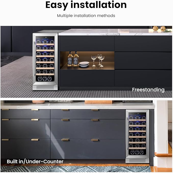 Yeego 15 Inch Wine Fridge Cooler - 33 Bottles Wine Cooler with Glass Door, 40-65℉ Built-In or Freestanding Refrigerator, Under Counter Wine Fridge for Kitchen Bar Office (Left-Hinged)