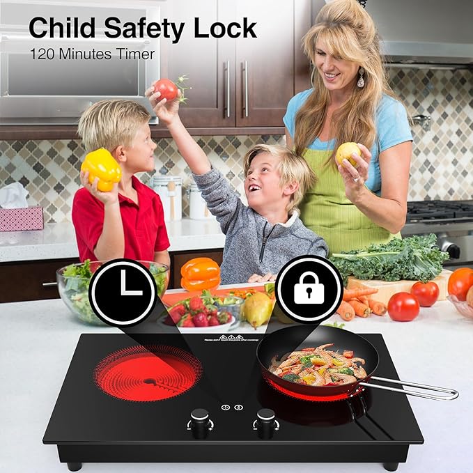 VBGK Electric Cooktop,2400W Electric Stove Top,Countertop and Built-in Hot Plate with Child Safety Lock, Timer, LED touch Knob Control,Overheat Protection,110V 2 Burner Induction Cooktop