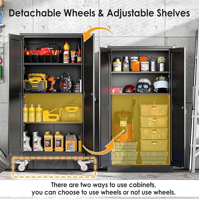 61''H Metal Garage Storage Cabinet with Wheels,Steel File Cabinets with 2 Doors and 3 Adjustable Shelves for Home Office, Warehouse, Required Assembly,Black