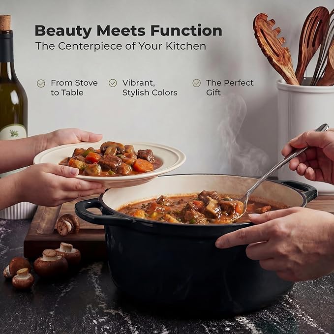 Zulay Kitchen 6 Quart Enameled Cast Iron Dutch Oven Pot with Lid – Premium Durability & Oven Safe up to 500°F – Heavy Duty Cookware Perfect for Bread Baking, Stews, Braising & Roasting – Black