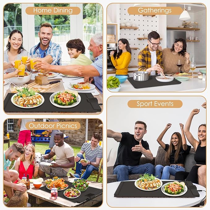 Food Warming Mat - 5 Temperature Settings, 4-Hour Timer, Child Lock, Flexible Silicone, Easy Clean, Multi-Use, Perfect for Home, Parties, and Picnics