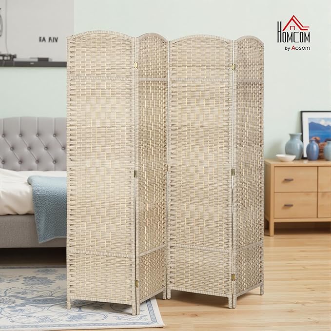 HOMCOM 4 Panel Room Divider, 6' Tall Folding Privacy Screen, Woven Freestanding Wall Partition for Home Office, Bedroom, Washed Oak