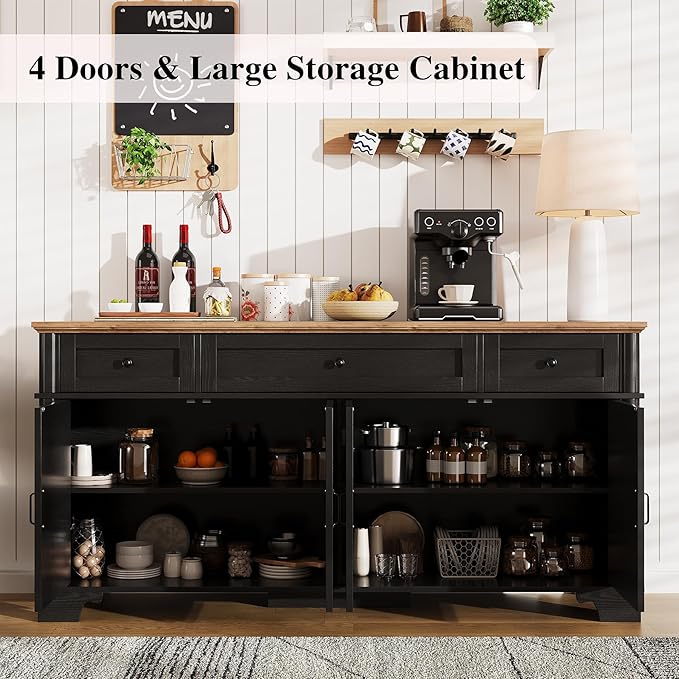 65 Inch Farmhouse Buffet Cabinet with Storage, Black Sideboard Buffet Cabinet with Adjustable Shelves & 3 Drawers, Buffet Table Coffee Bar Wine Bar Storage for Kitchen & Living Room
