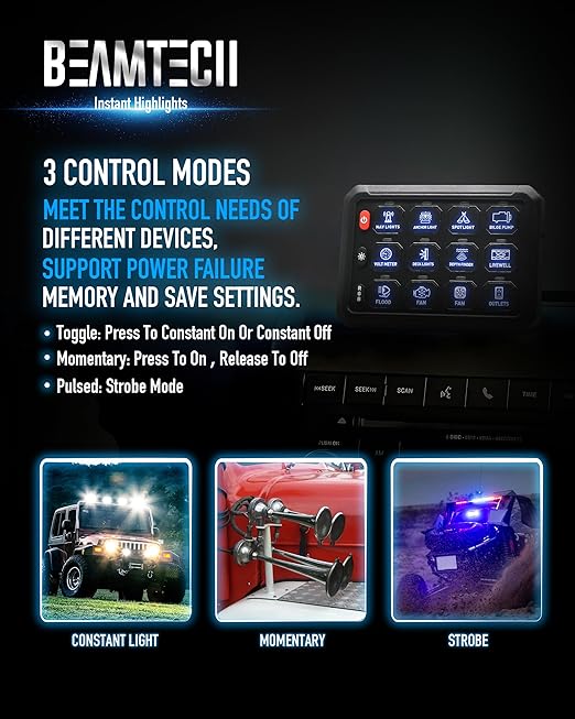 BEAMTECH 12 Gang Switch Panel, RGB Multifunction Switch Toggle Momentary Pulsed Circuit Control Relay System Box Auxiliary Touch Control Switch LED Light Controller for Car Truck Van Off Road ATV UTV