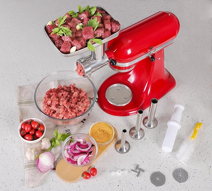 Stainless Steel Food Grinder Attachment for KitchenAid Mixers, Heavy-Duty Metal Meat Grinder with 3 Sausage Stuffers & Grinding Plates, Dishwasher Safe Accessories by Rafbar