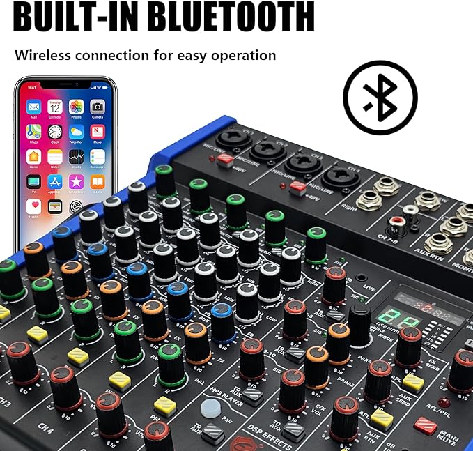 EXOTON Professional Audio Mixer Console, 6 Channel with USB, Bluetooth, MP3 Input, 48V Phantom Power, Ideal for Studio, Live Performance, and DJ Use