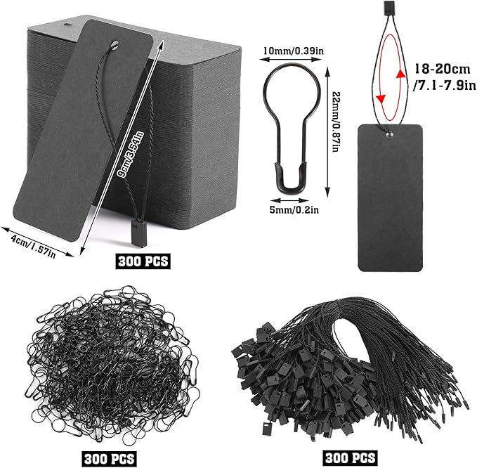 300 Set Black Price Tags with String Clothing Tags with Safety Pins Black Paper Hang Tag for Christmas Gift Clothes Crafts Display Stocking Stuffers