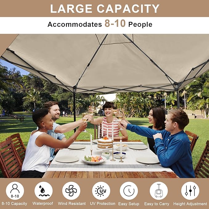 KAMPKEEPER 10x10 Easy Pop Up Canopy Tent with Sidewalls, Instant Outdoor Shade Shelter with Removable 10FT Sun Walls, Quick Setup Waterproof and UV-Resistant for Patio (Khaki, 1 sidewall)
