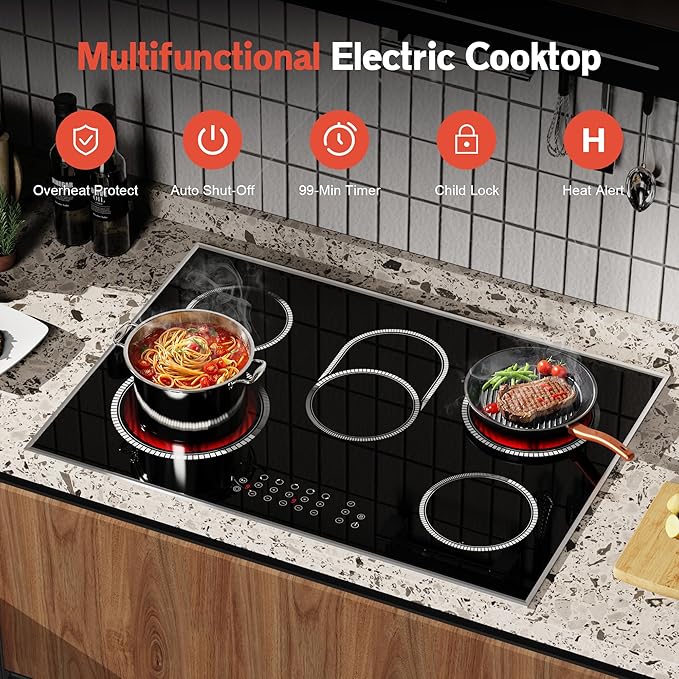 30 Inch Electric Cooktop, 5 Burner Electric Stove Top Touch Control, 8400W Built-in Ceramic Stovetop Burner 30" with Expandable Zone, Child Lock, Timer, Overheat Alert, 220-240v Hardwired