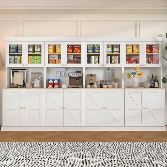 71" Tall Farmhouse Kitchen Pantry, Large Storage Cabinet with Glass Doors, Freestanding Coffee Bar Hutch with Microwave Stand, Adjustable Shelves for Kitchen, Living Room, White 4 Pcs