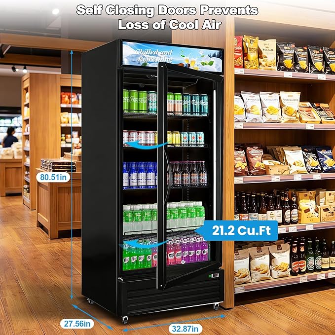 Tylza Commercial Refrigerator with Glass Door Display Beverage Fridge, 21.2 Cu Ft Upright Beverage Cooler Merchandiser with Rebound Door, Fast Cooling, Low Noise, Black