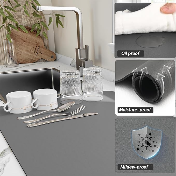 Dish Drying Mat for Kitchen Counter, Heat Resistant Drainer Mats with Non-slip Rubber Backed, Hide Stain Kitchen Super Absorbent Draining Mat, Easy to Clean Dish Rack Pad, Dark Grey 18"x24"