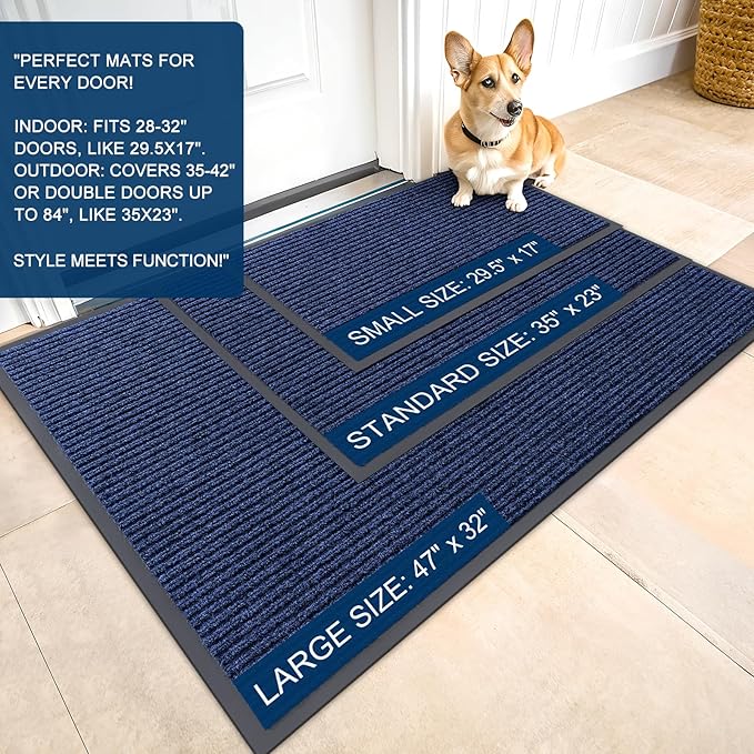 OLANLY Front Door Mat Indoor Outdoor Entrance, Waterproof Heavy Duty Doormat, Fade Resistant, Low Profile, Easy Clean Patio Porch Welcome Floor Mats for Entry, 71x34, Blue