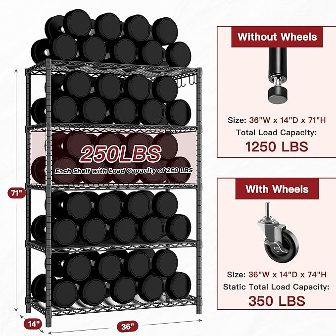 PrimeZone 74''H Wire Shelving 1250lbs 5 Tier Storage Shelves with Wheels NSF Certified Heavy Duty Steel Metal Shelf Adjustable Rolling Rack Kitchen Garage Closet Pantry Laundry 74''HX36''WX14''D 3PCS
