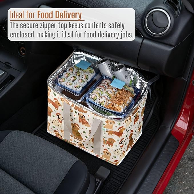 VENO 2 Pack Christmas Cooler Bag Insulated Reusable Grocery Shopping Bag, Food Delivery, Heavy Duty, Large Size, Durable Handles, Double Zippers, Lid, Collapsible (Holiday Pups, 2 Pack)