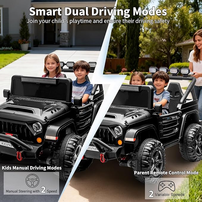 Kids 24V 2-Seater Electric Ride On Car, 4x4 Ride On Truck w/Remote Control, 4-Wheeler Suspension, 3 Speeds, Led Lights, Bluetooth, Ride on Car Toy for Kids Ages 3-8, Black