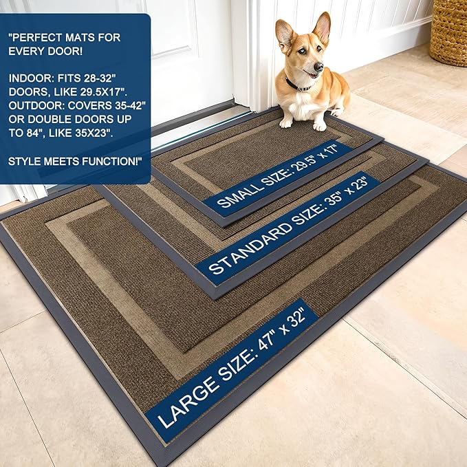OLANLY Front Door Mat Indoor Outdoor Entrance, Waterproof All-Season, All-Weather Doormat, Sturdy Natural Rubber, Fade Resistant, Low Profile, Easy Clean Patio Porch Entryway Mat, 59x20, Brown