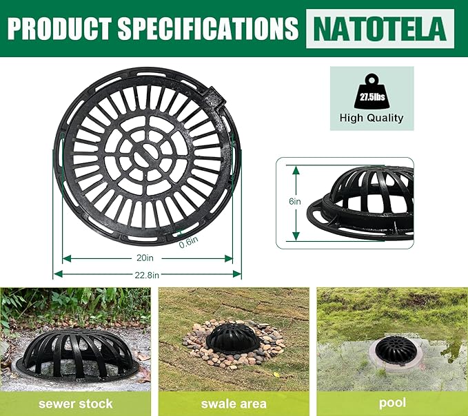 20in Ductile Iron Atrium Drain Grate and Frame, Dome Durable Metal Overflow Relief Gully Dome Grate with Bolted Down Base, Cast Iron Sewage Drain Grates for Garden,Yard,Lawn(Overall Size 23")