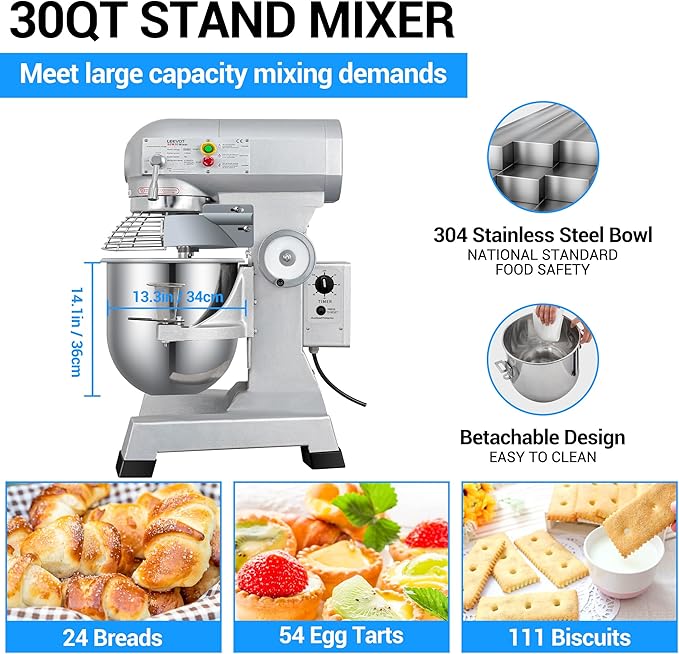 30Qt 1250W Commercial Food Mixer, Commercial mixer 3-Speed Adjustable Heavy Duty Stand Mixer with Stainless Steel Bowl for Bakery Pizzeria.