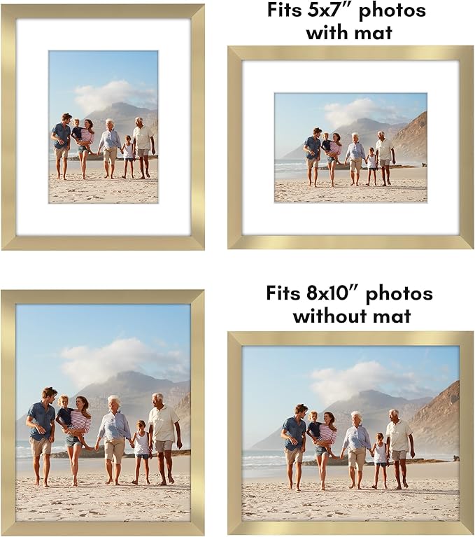 Americanflat 8x10 Picture Frame with Polished Plexiglass - Set of 5 - Use as 5x7 Frame with Mat or Display 8x10 Photo Without Mat - Galleria Collection - Picture Frames for Tabletop and Wall - Gold