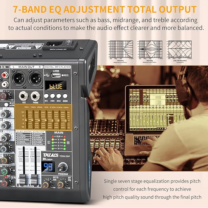 Audio Mixer, 4 Channel Sound Board Mixing Console with 99-Bit DSP, 7-Band Eq Output, Digital MP3 Computer Input, Professional DJ Mixer Board with 48V Phantom Power Stereofor Recording Live