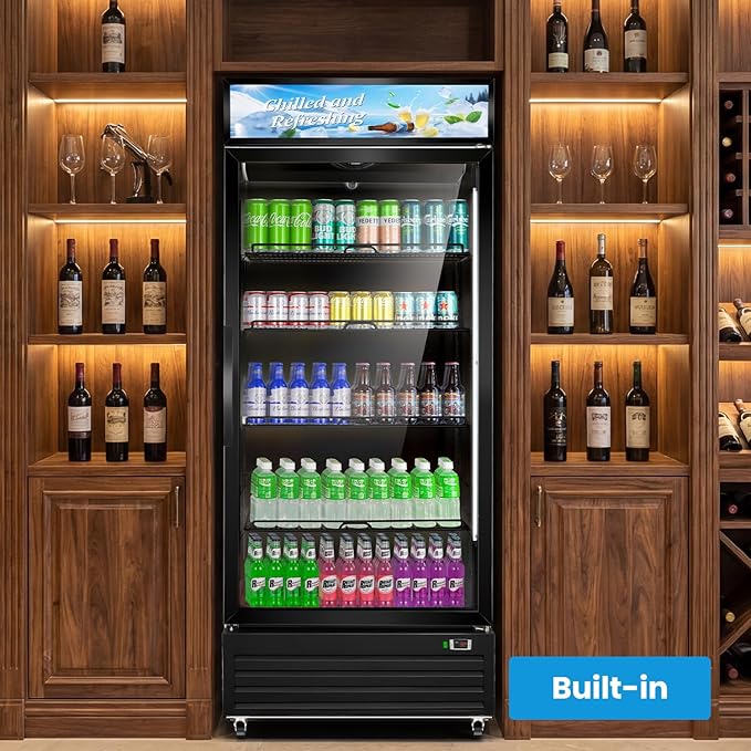 Tylza Commercial Refrigerator with Glass Door Display Beverage Fridge, 21.2 Cu Ft Upright Beverage Cooler Merchandiser with Rebound Door, Fast Cooling, Low Noise, Black