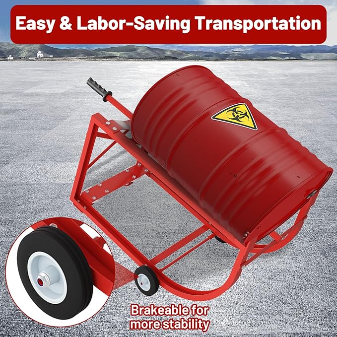 55 Gallon Drum Cradle, 600 lbs Capacity Steel Drum Dolly with Wheels, Drum Rack with Retractable Dump Bar, Movable Drum Handling Cradle for Factory, Workshop, Garage, Warehouse, Red