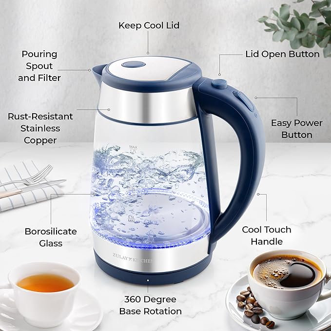 Zulay Kitchen Fast Boiling Electric Water Kettle - 1.7L, 1500W, Auto Shut-Off for Overboil & Boil Dry Protection, Cool-Touch Handle, 360° Base - Rapid Teapot Boiler For Coffee & Tea - Navy