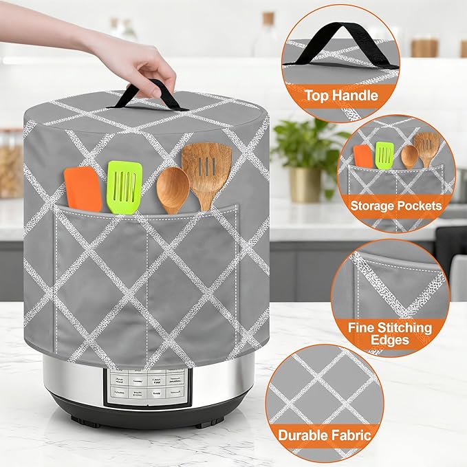 Kitchen Appliance Accessories Dust Cover for 3-6-8 Quart Instant Pot, Pressure Cooker, Air Fryer & Crock Pot,Decorative Appliance Cloth Cover with Top Handle & Storage Pockets (Grey, 6 Quart)